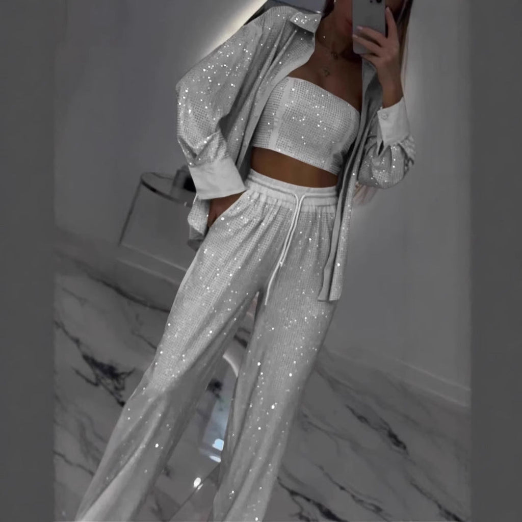 Loose Sequins Jacket Tube Top Three-piece Suit