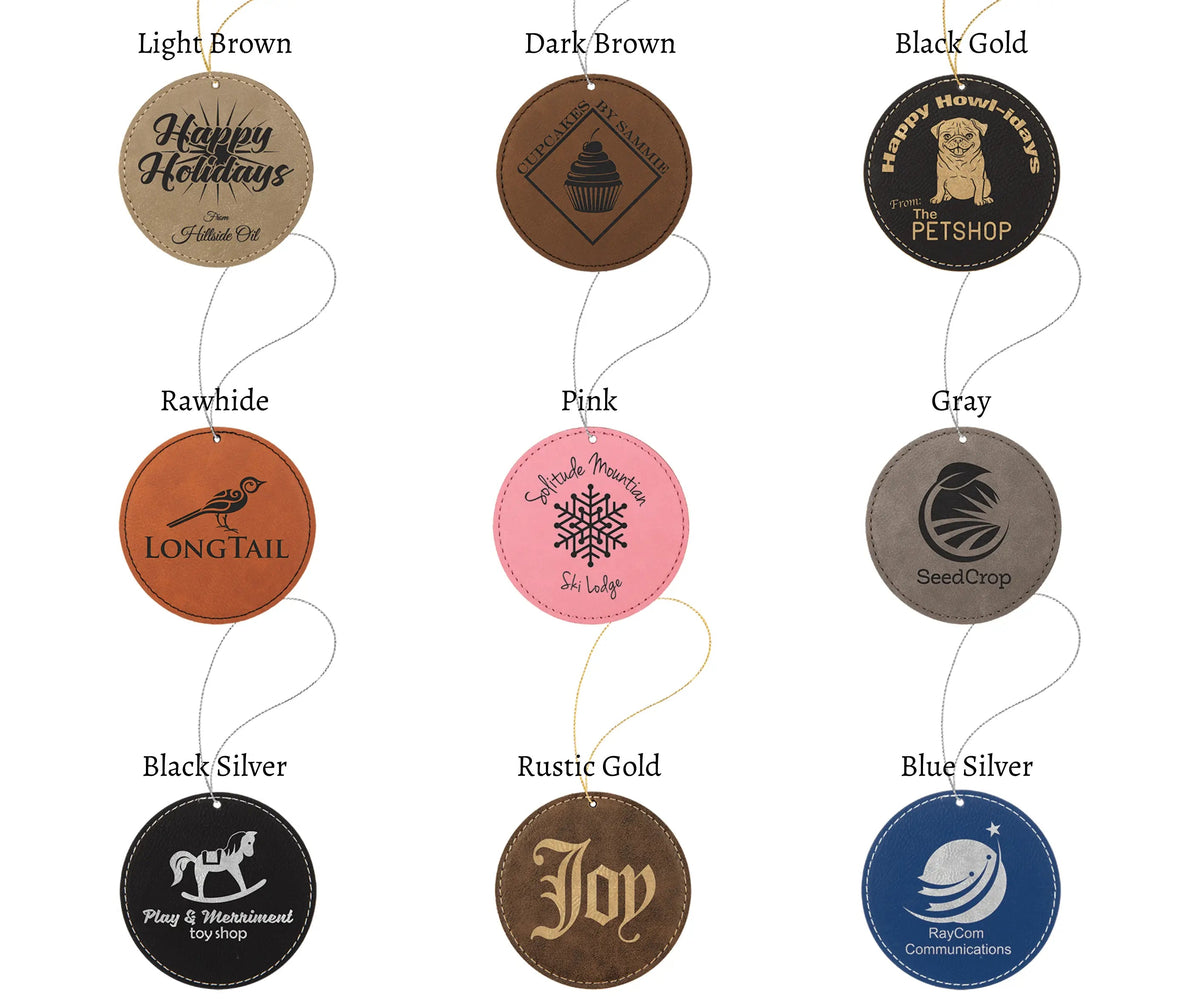 Custom Engraved Leatherette Round Ornaments for Gifts and Promotions