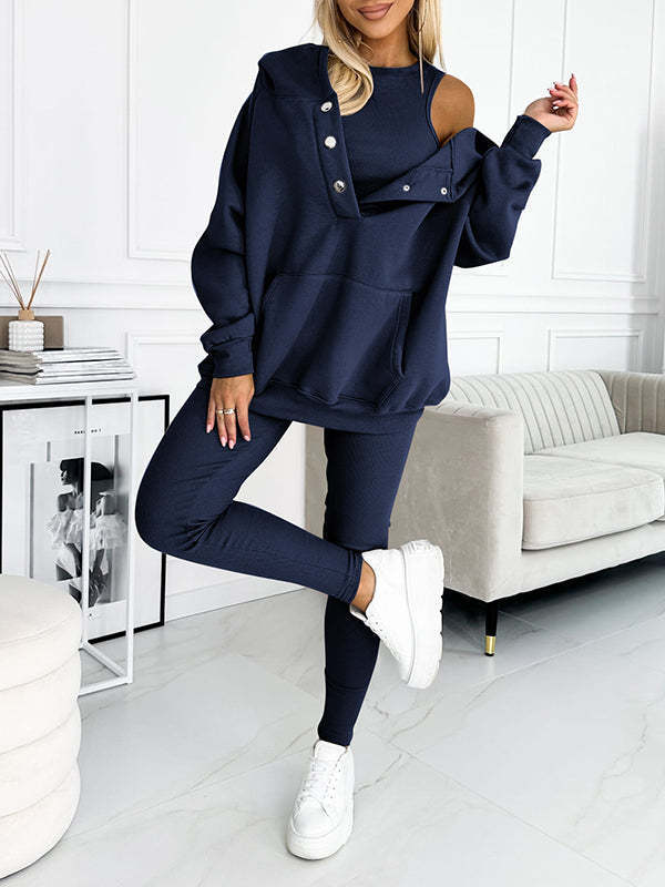 Amazon Hot Products Women's Sports Casual Hooded Sweater Thickened Thread Slim Vest Pants Three-Piece Set