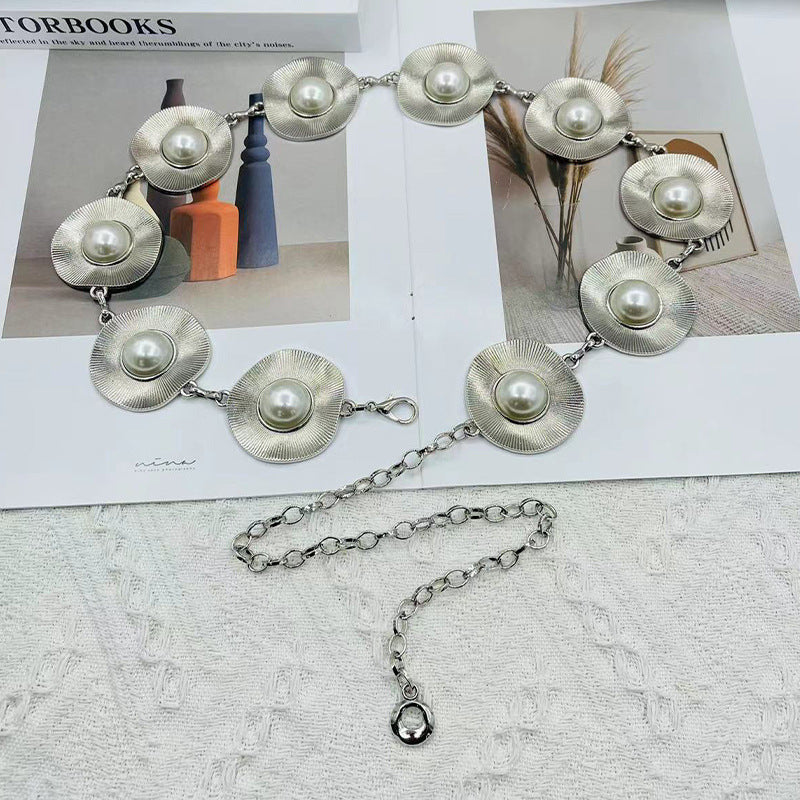2025 New European and American Style Pearl Waist Chain Accessories for Women, High-End Metal Thick Chain Belt Decoration for Dresses