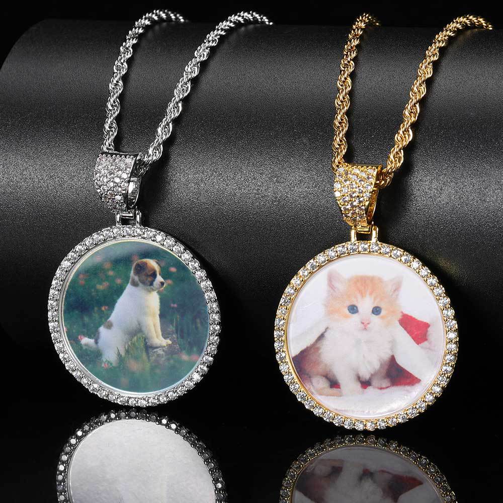 Round Photo Pendant Necklace with Cubic Zirconia Accents in Brass – Hip Hop Style