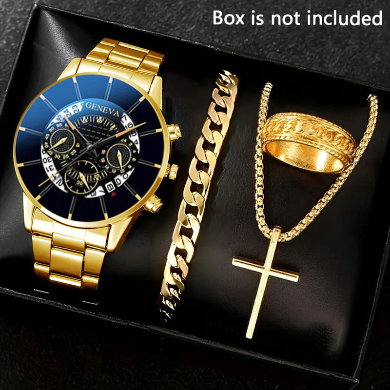 Men's 4-piece Luxury Stainless Steel Quartz Watch with Calendar Gold Cross Necklace Bracelet and Ring