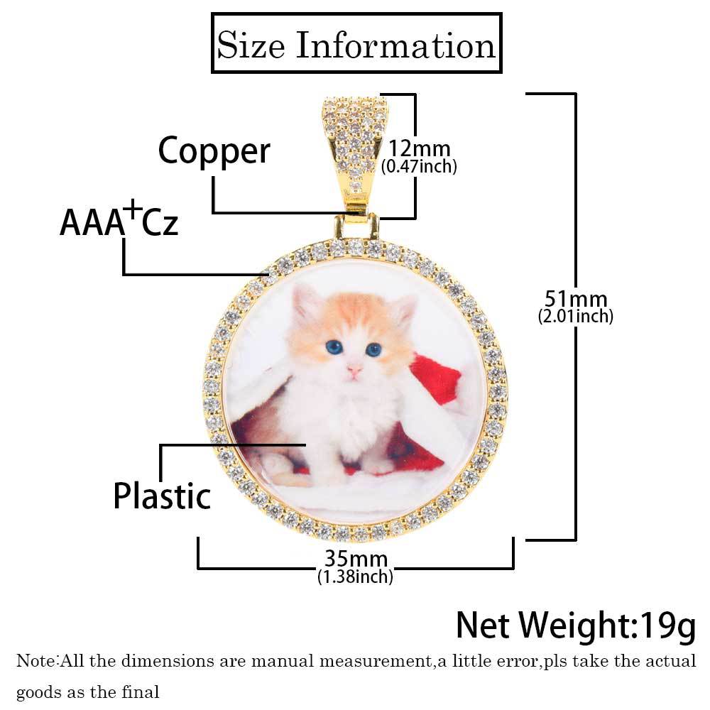 Round Photo Pendant Necklace with Cubic Zirconia Accents in Brass – Hip Hop Style