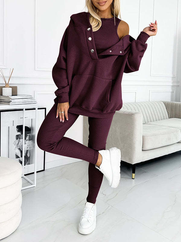 Amazon Hot Products Women's Sports Casual Hooded Sweater Thickened Thread Slim Vest Pants Three-Piece Set