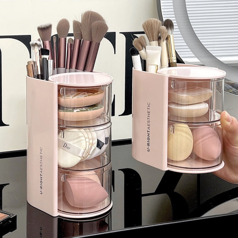 Cross-Border Powder Puff Rotating Storage Box Dust-Proof Desktop Beauty Egg Air Cushion Stand Dressing Table Multi-Layer Lipstick Eyebrow Pencil Storage