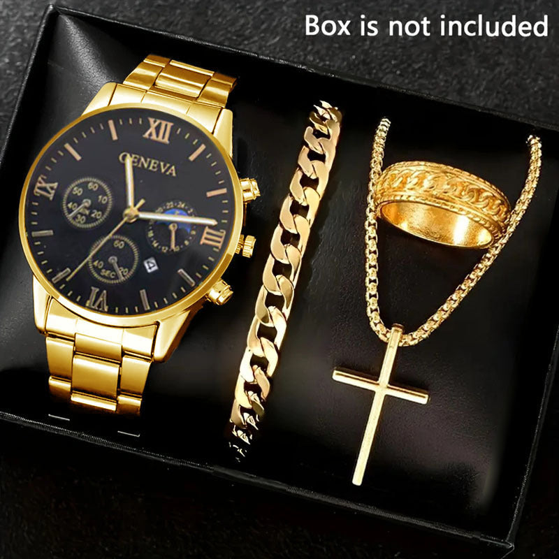 Men's 4-piece Luxury Stainless Steel Quartz Watch with Calendar Gold Cross Necklace Bracelet and Ring