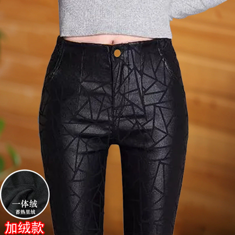 New Autumn and Winter Fleece-Lined 2025 Women's High-Waisted Leather Pants, Matte Black Leggings for Slim Fit, Single Style for Outerwear