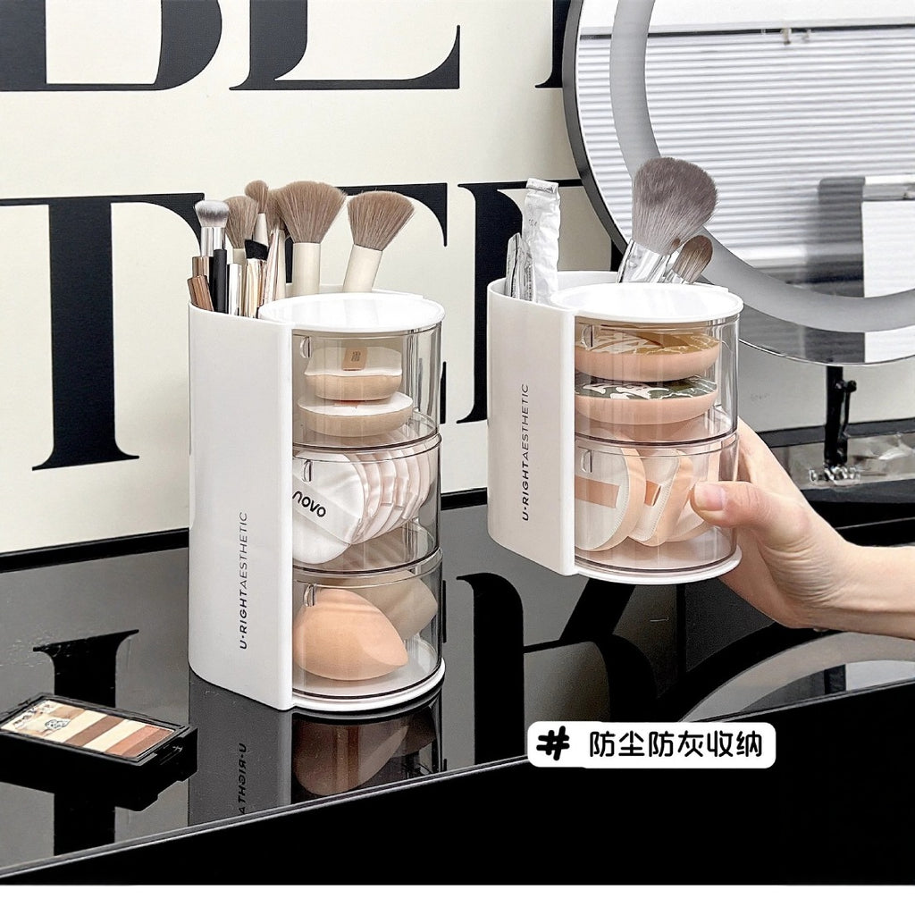 Cross-Border Powder Puff Rotating Storage Box Dust-Proof Desktop Beauty Egg Air Cushion Stand Dressing Table Multi-Layer Lipstick Eyebrow Pencil Storage