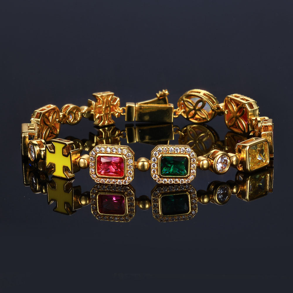 Geometric Hip Hop Chain Bracelet with Cubic Zirconia Stones in Gold or White Gold