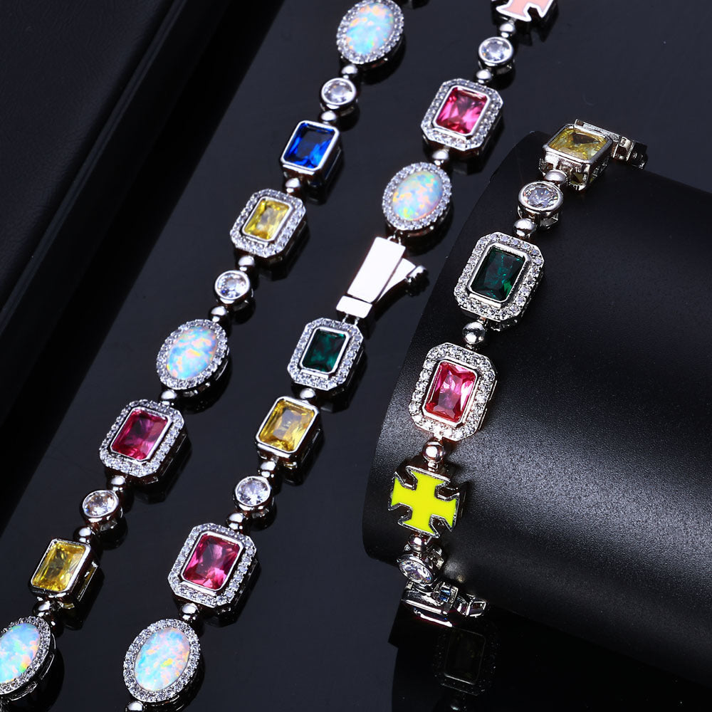 Geometric Hip Hop Chain Bracelet with Cubic Zirconia Stones in Gold or White Gold