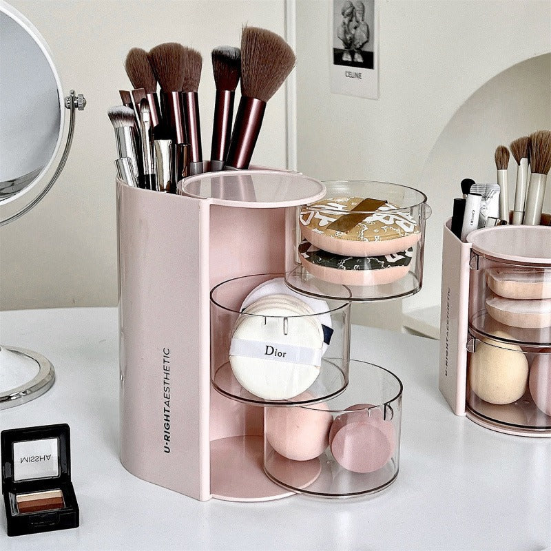 Cross-Border Powder Puff Rotating Storage Box Dust-Proof Desktop Beauty Egg Air Cushion Stand Dressing Table Multi-Layer Lipstick Eyebrow Pencil Storage