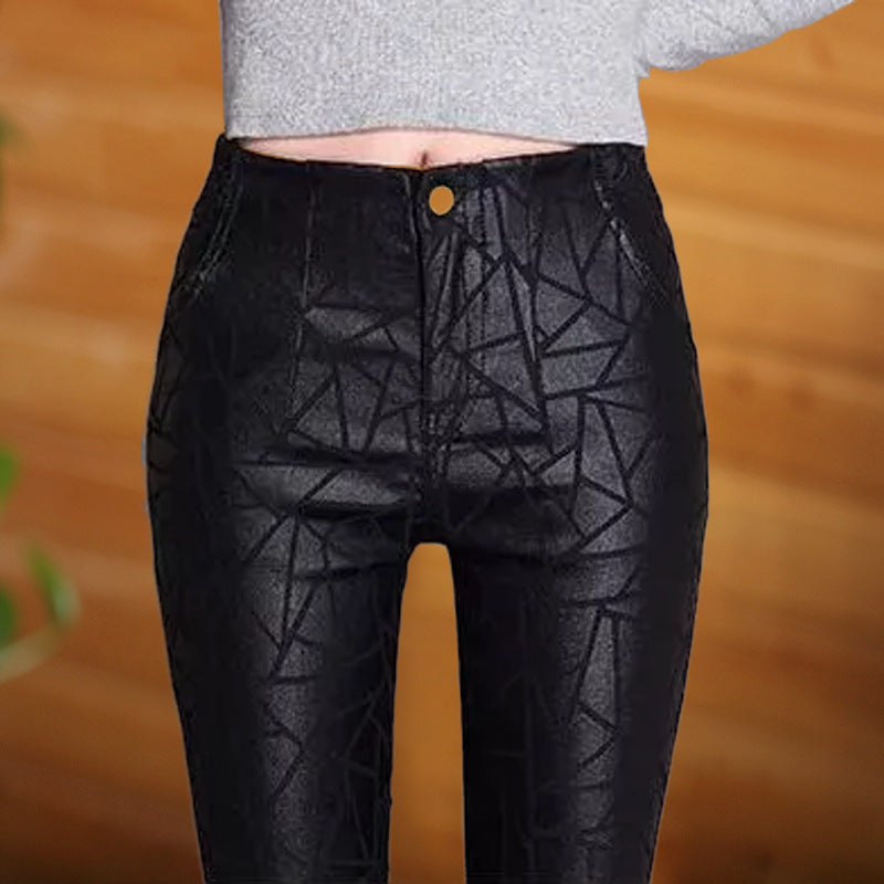New Autumn and Winter Fleece-Lined 2025 Women's High-Waisted Leather Pants, Matte Black Leggings for Slim Fit, Single Style for Outerwear