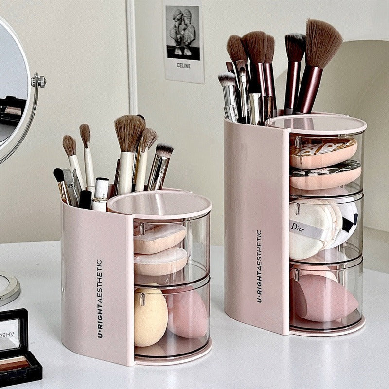 Cross-Border Powder Puff Rotating Storage Box Dust-Proof Desktop Beauty Egg Air Cushion Stand Dressing Table Multi-Layer Lipstick Eyebrow Pencil Storage