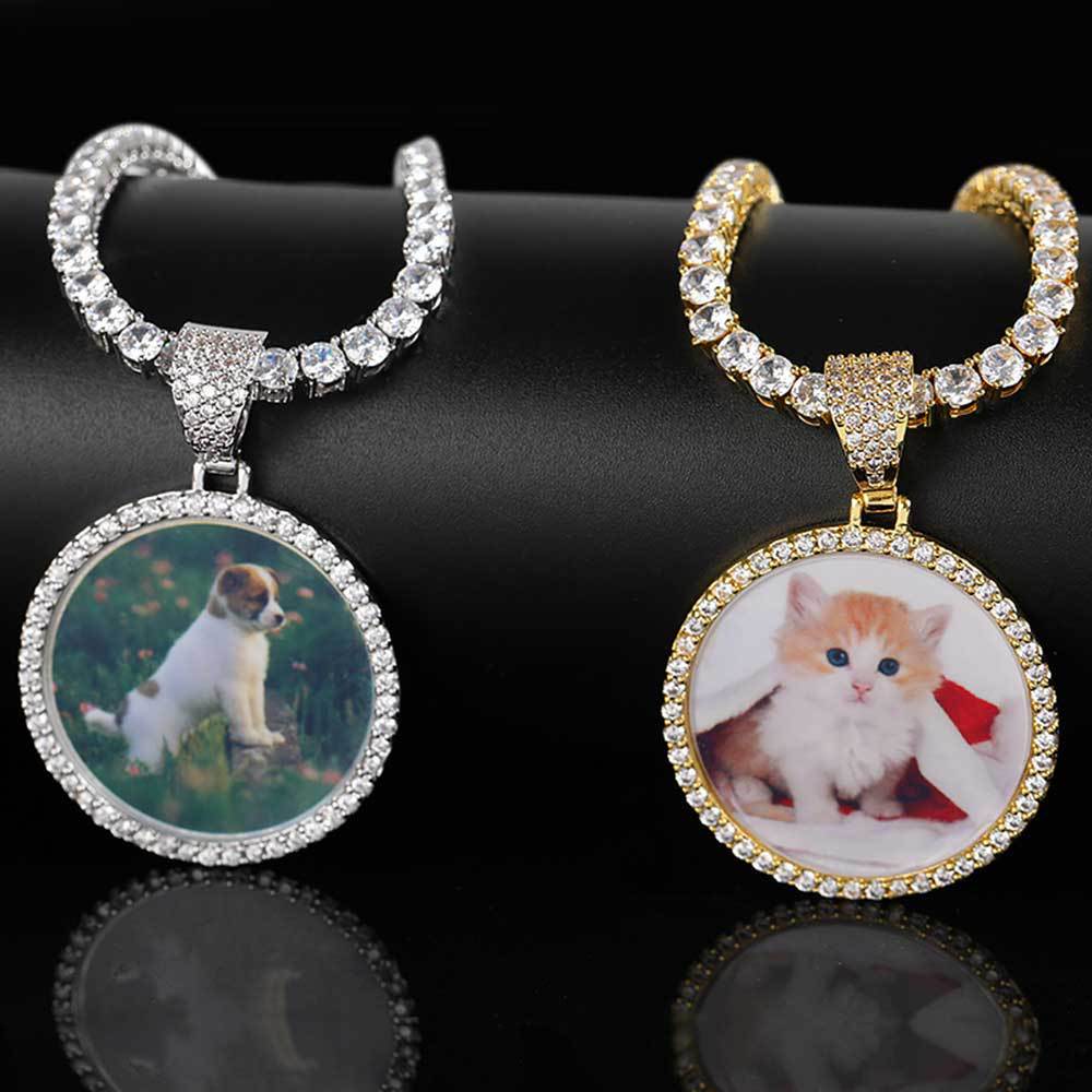 Round Photo Pendant Necklace with Cubic Zirconia Accents in Brass – Hip Hop Style