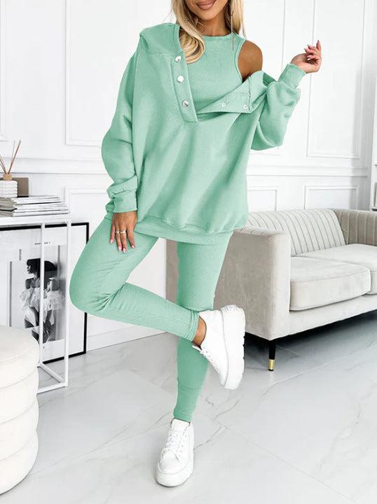 Amazon Hot Products Women's Sports Casual Hooded Sweater Thickened Thread Slim Vest Pants Three-Piece Set