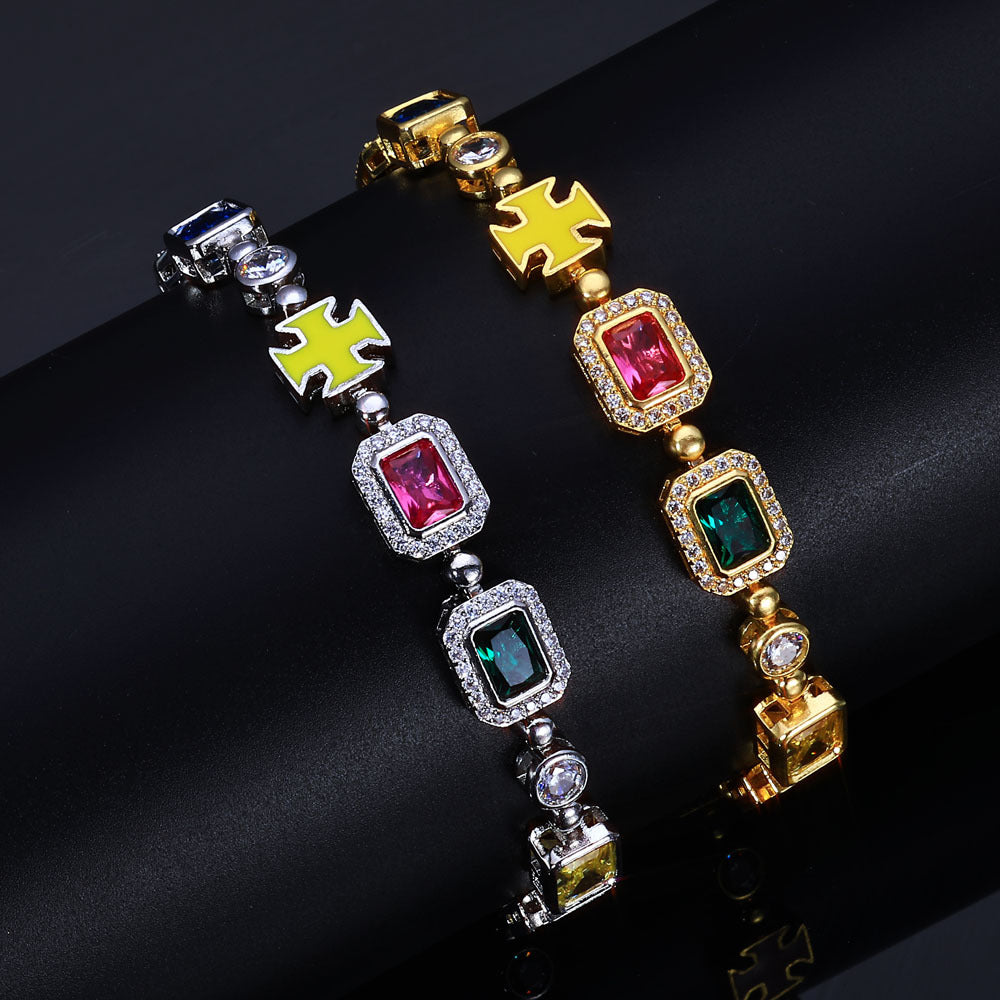 Geometric Hip Hop Chain Bracelet with Cubic Zirconia Stones in Gold or White Gold