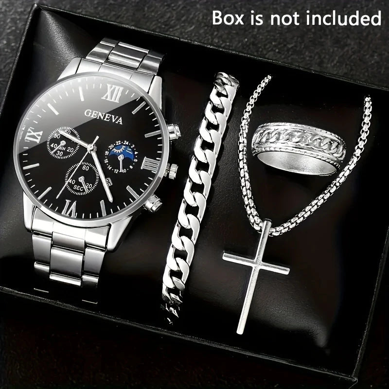 Men's 4-piece Luxury Stainless Steel Quartz Watch with Calendar Gold Cross Necklace Bracelet and Ring