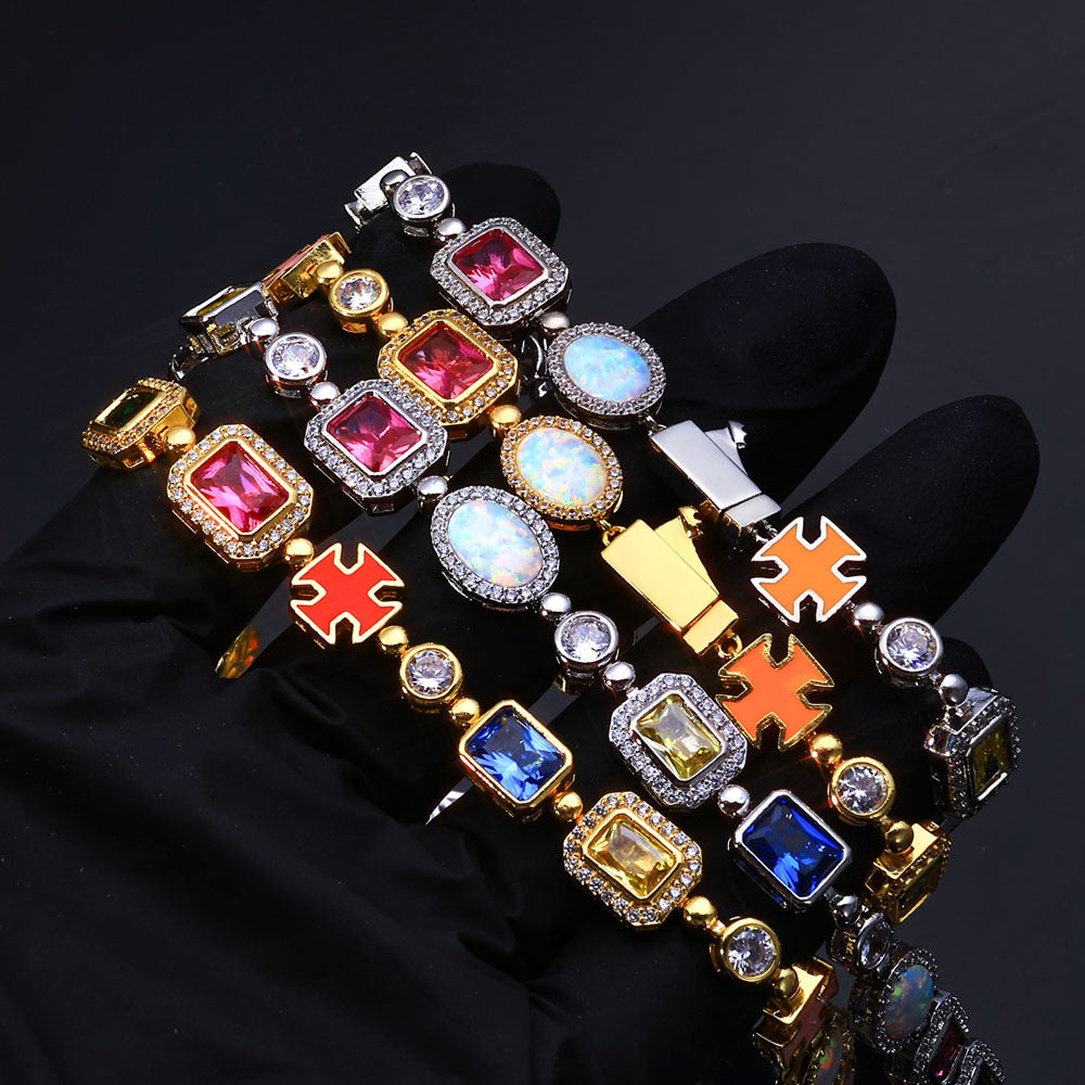 Geometric Hip Hop Chain Bracelet with Cubic Zirconia Stones in Gold or White Gold