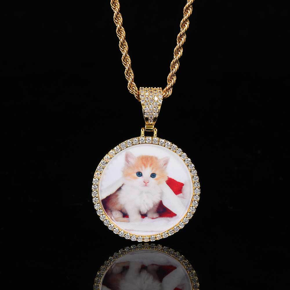 Round Photo Pendant Necklace with Cubic Zirconia Accents in Brass – Hip Hop Style