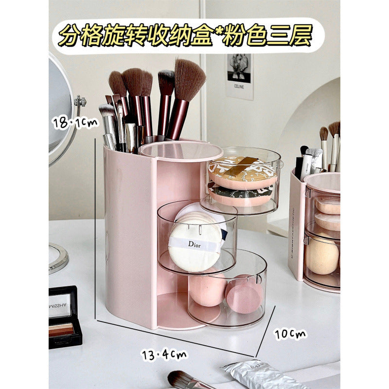 Cross-Border Powder Puff Rotating Storage Box Dust-Proof Desktop Beauty Egg Air Cushion Stand Dressing Table Multi-Layer Lipstick Eyebrow Pencil Storage