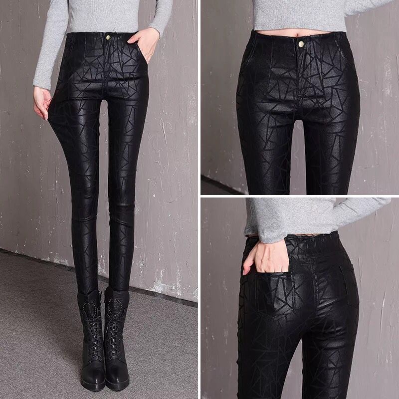 New Autumn and Winter Fleece-Lined 2025 Women's High-Waisted Leather Pants, Matte Black Leggings for Slim Fit, Single Style for Outerwear