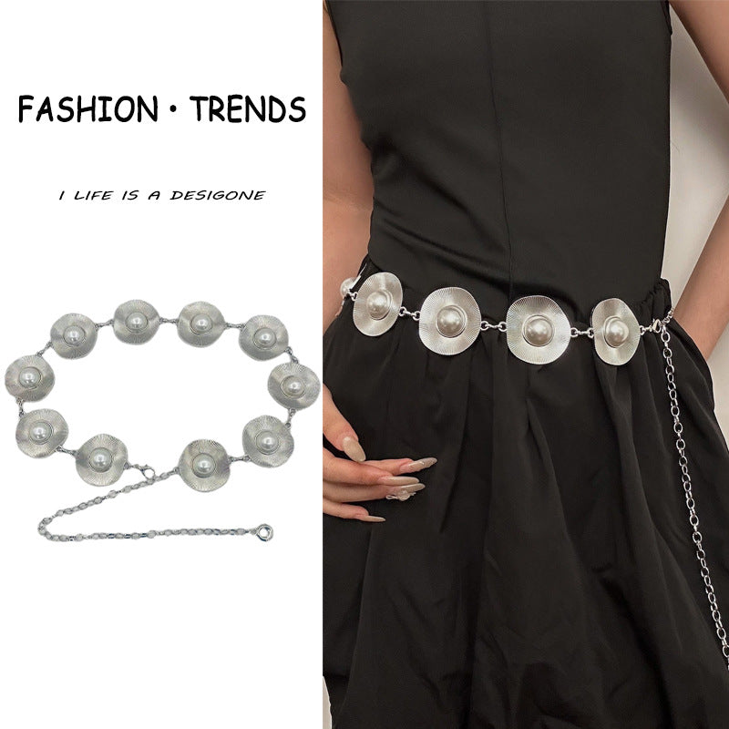 2025 New European and American Style Pearl Waist Chain Accessories for Women, High-End Metal Thick Chain Belt Decoration for Dresses