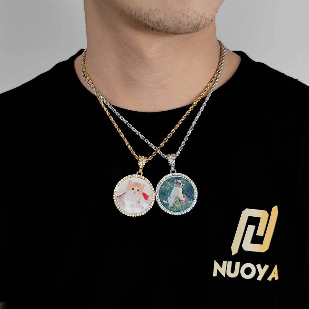 Round Photo Pendant Necklace with Cubic Zirconia Accents in Brass – Hip Hop Style