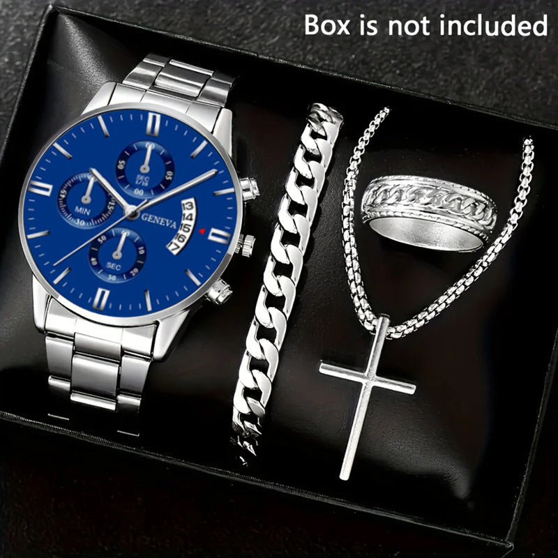 Men's 4-piece Luxury Stainless Steel Quartz Watch with Calendar Gold Cross Necklace Bracelet and Ring