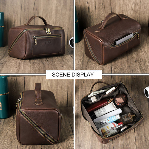 Black Angel Full Grain Top Layer Cowhide Unisex Handbag Multifunctional Travel Storage Bag Genuine Leather Toiletry Bag