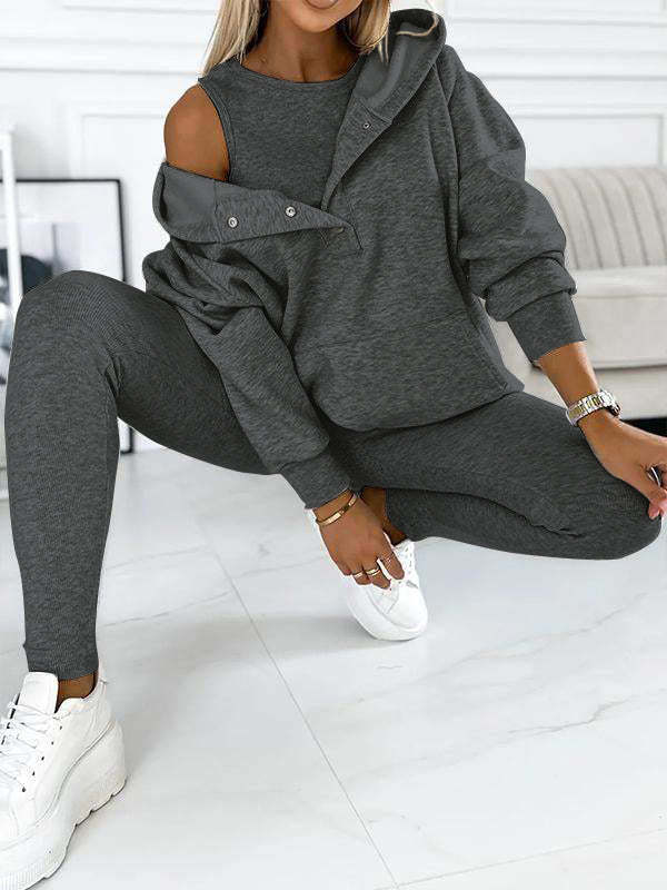 Amazon Hot Products Women's Sports Casual Hooded Sweater Thickened Thread Slim Vest Pants Three-Piece Set