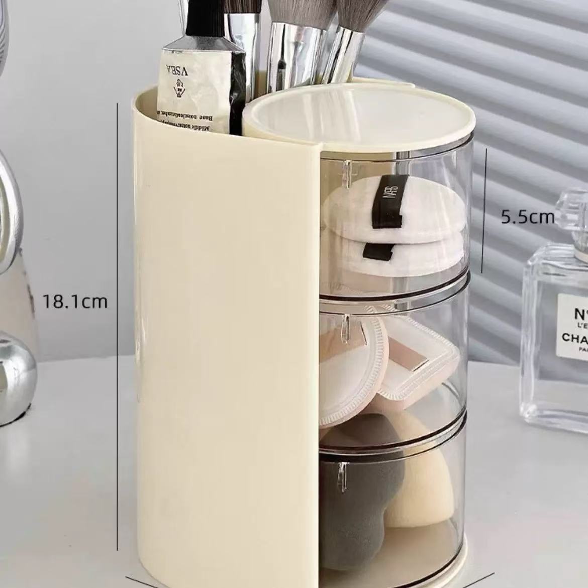 Cross-Border Powder Puff Rotating Storage Box Dust-Proof Desktop Beauty Egg Air Cushion Stand Dressing Table Multi-Layer Lipstick Eyebrow Pencil Storage