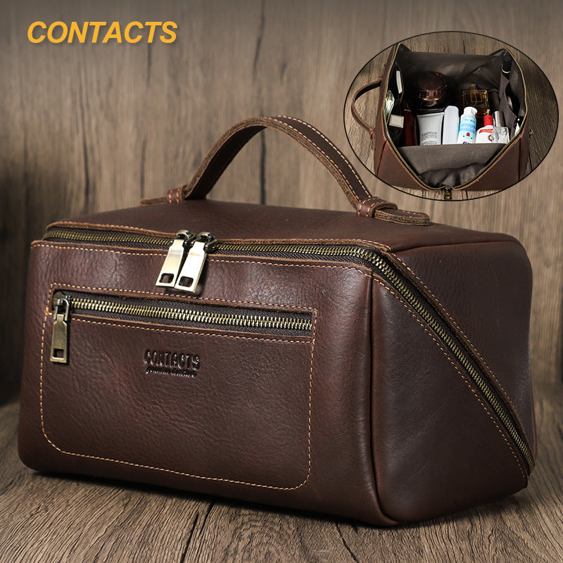 Black Angel Full Grain Top Layer Cowhide Unisex Handbag Multifunctional Travel Storage Bag Genuine Leather Toiletry Bag
