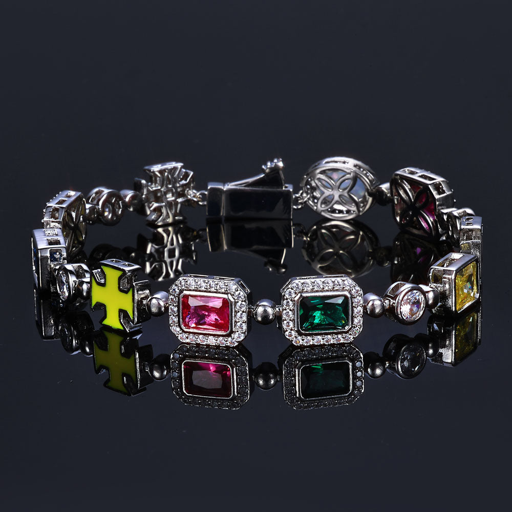 Geometric Hip Hop Chain Bracelet with Cubic Zirconia Stones in Gold or White Gold