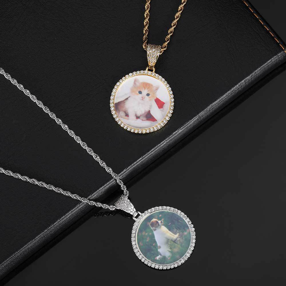 Round Photo Pendant Necklace with Cubic Zirconia Accents in Brass – Hip Hop Style