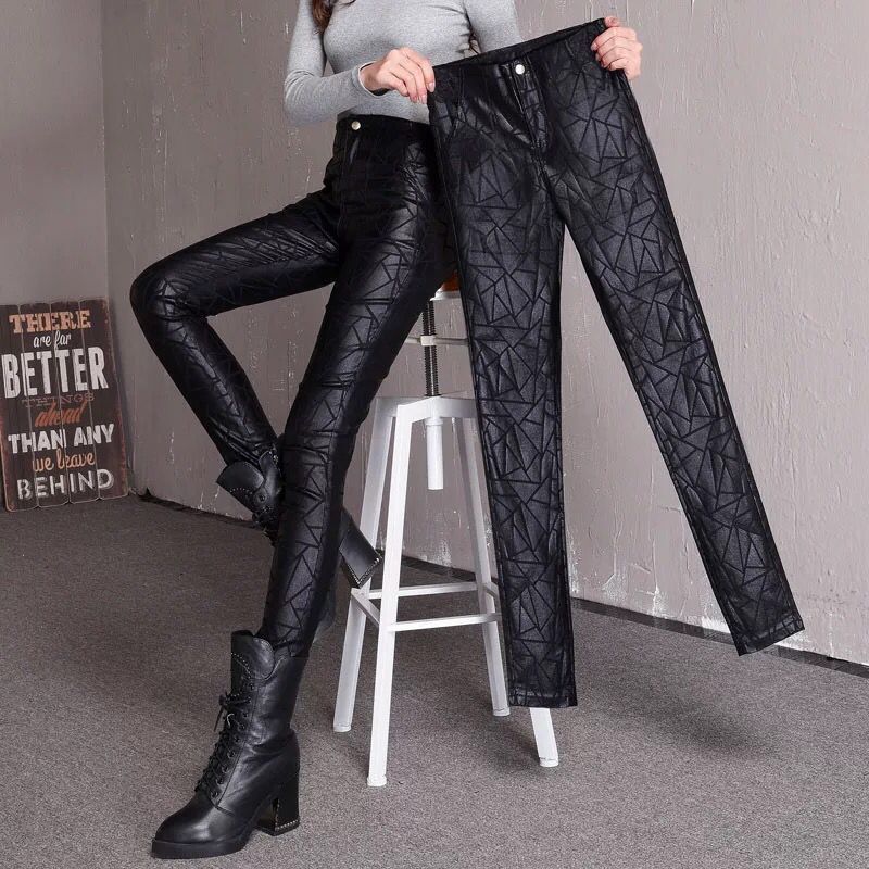 New Autumn and Winter Fleece-Lined 2025 Women's High-Waisted Leather Pants, Matte Black Leggings for Slim Fit, Single Style for Outerwear