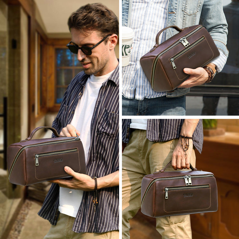 Black Angel Full Grain Top Layer Cowhide Unisex Handbag Multifunctional Travel Storage Bag Genuine Leather Toiletry Bag