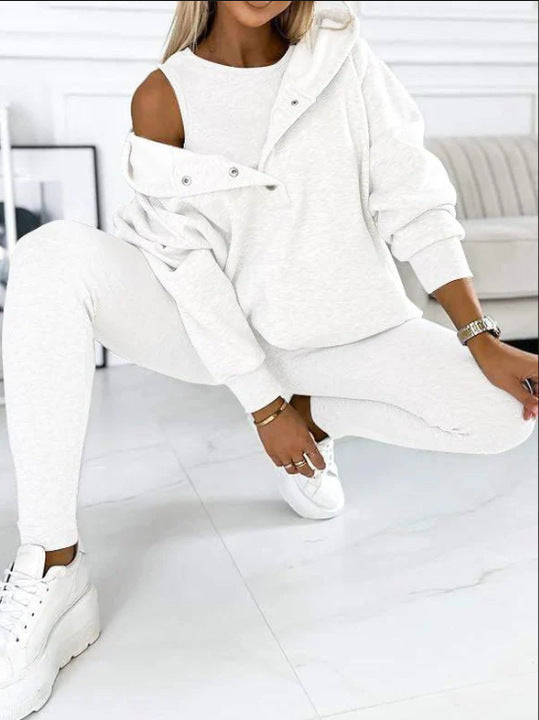 Amazon Hot Products Women's Sports Casual Hooded Sweater Thickened Thread Slim Vest Pants Three-Piece Set