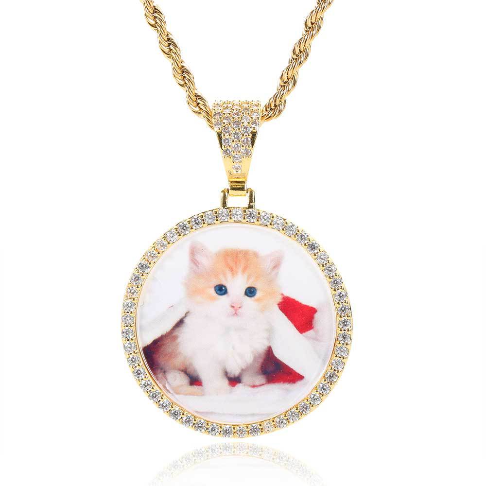 Round Photo Pendant Necklace with Cubic Zirconia Accents in Brass – Hip Hop Style