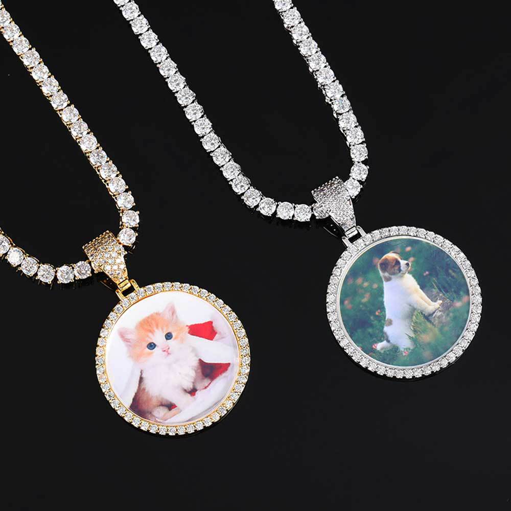 Round Photo Pendant Necklace with Cubic Zirconia Accents in Brass – Hip Hop Style