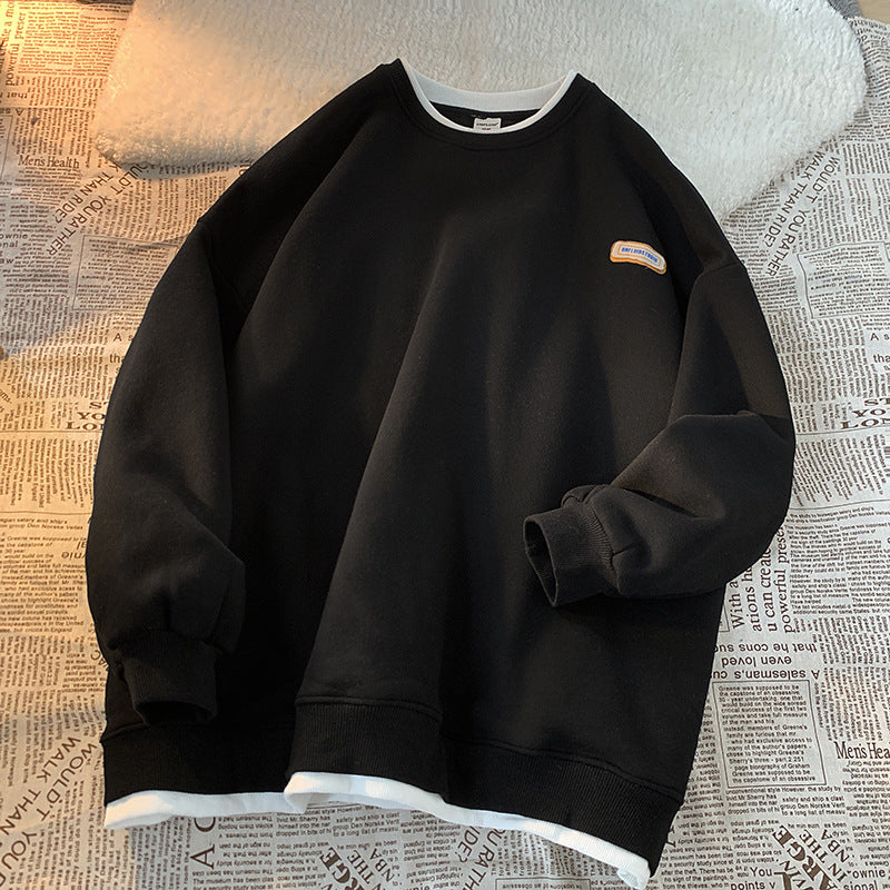 Green sweater men's and women's Hong Kong style spring and autumn top new oversize fake two-piece coat top couple wear lazy