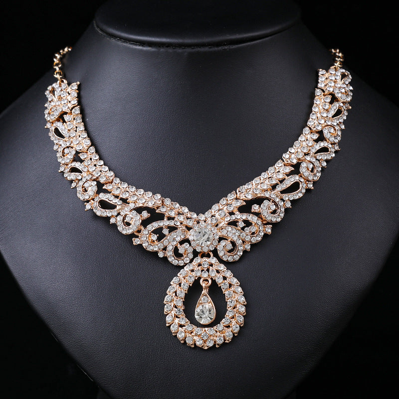 European and American Accessories Exaggerated Retro Necklace Set Women's Luxury Crystal Banquet Dress Accessories Clavicle Chain Three-Piece Set