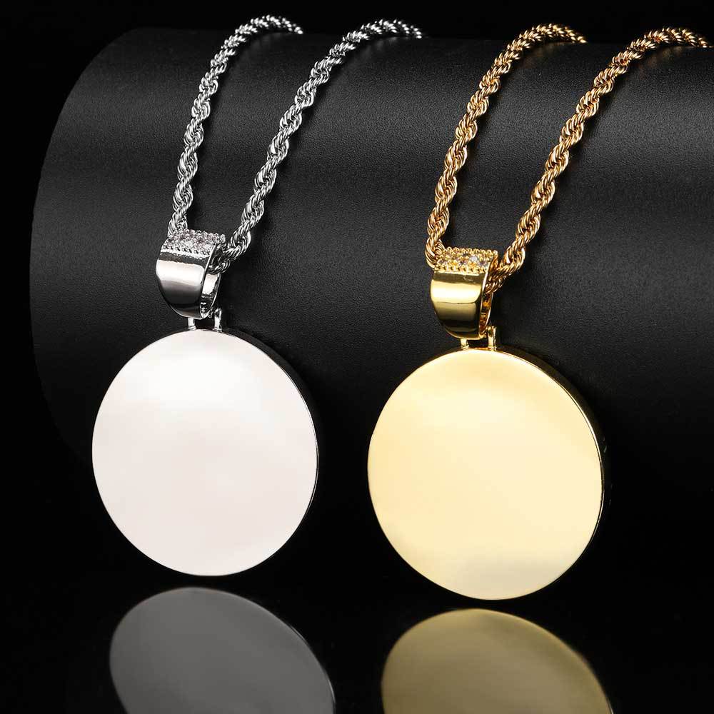 Round Photo Pendant Necklace with Cubic Zirconia Accents in Brass – Hip Hop Style