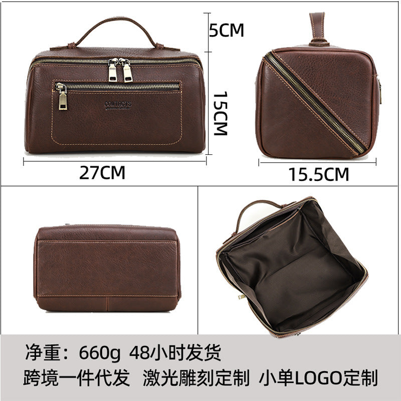 Black Angel Full Grain Top Layer Cowhide Unisex Handbag Multifunctional Travel Storage Bag Genuine Leather Toiletry Bag