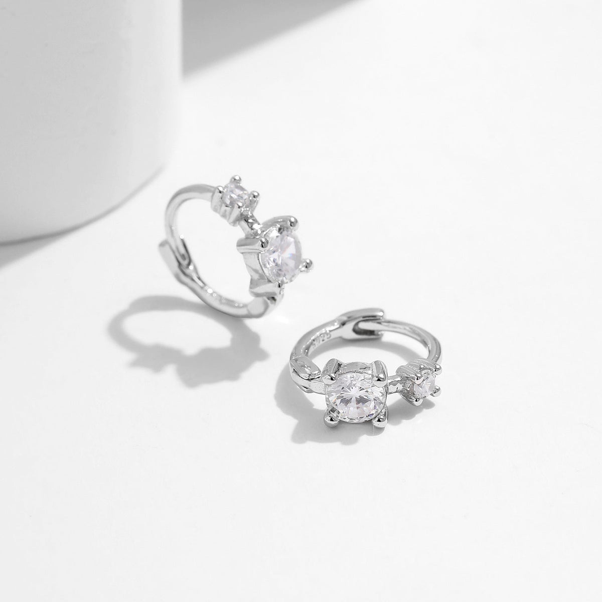 Geometric Round Stud Earrings with Sparkling Cubic Zirconia in Sterling Silver