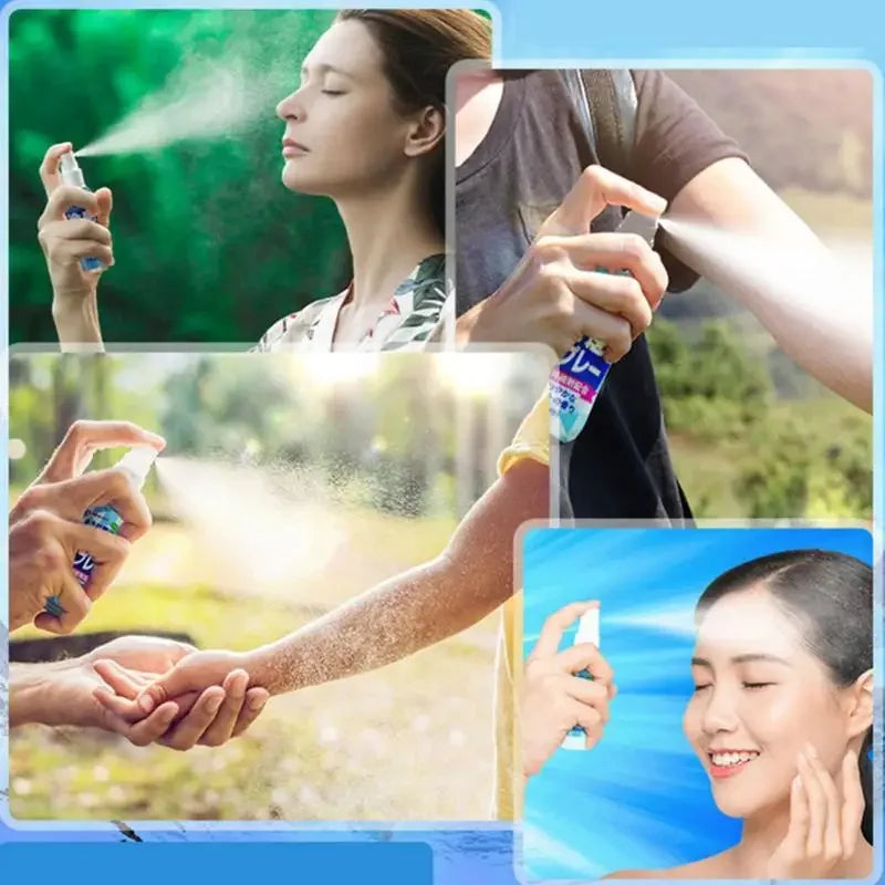 Portable summer cooling spray for outdoor military training to cool down and prevent heatstroke. Portable cooling agent for home