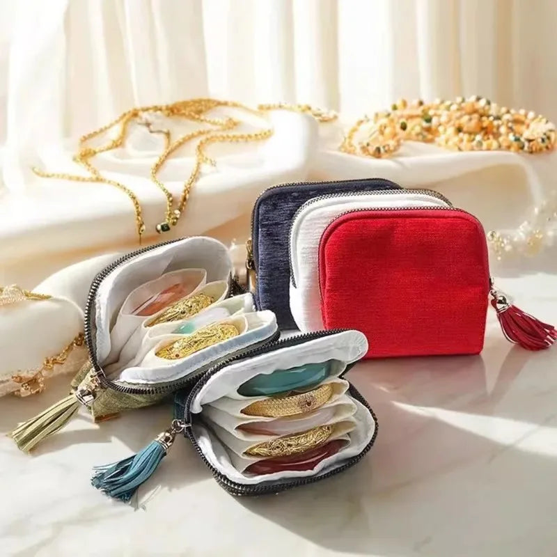 Jewelry Storage Bag Exquisite High-end Jewelry Tassel Jewelry Bag Portable Zipper Multilayer Retro Jewelry Box
