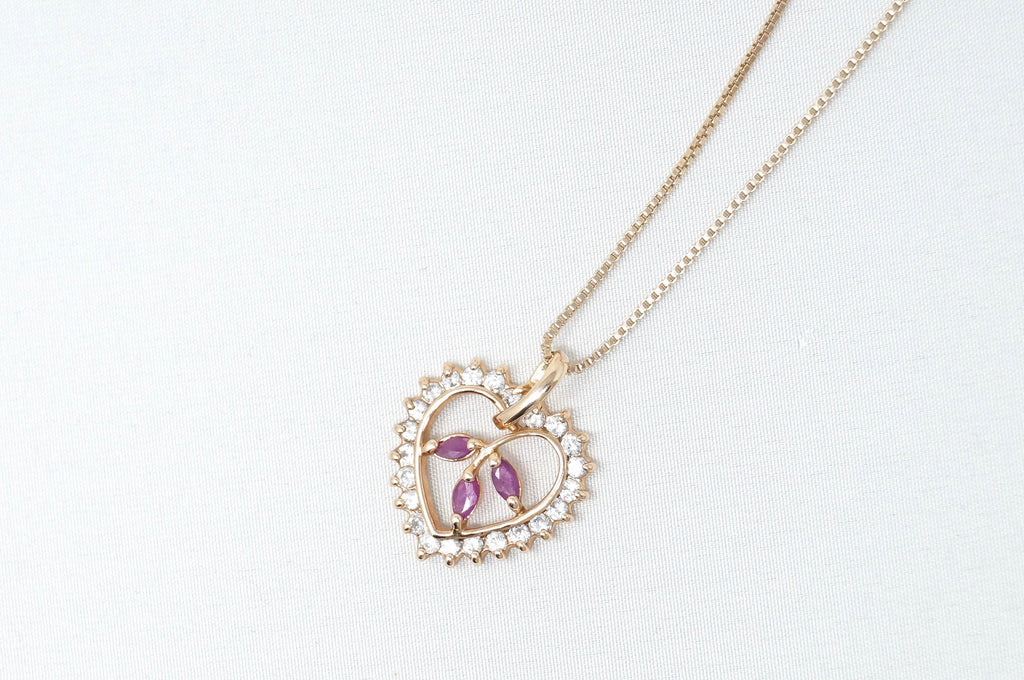 Vtg Ruby Simulated Heart Accented Rose Gold Vermeil Sterling Silver Necklace 18"